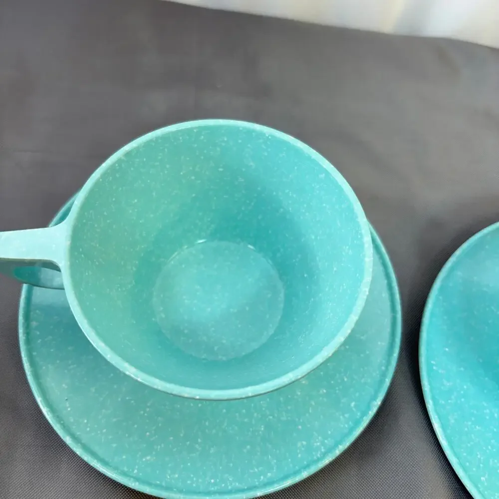 Texas Ware Melamine Cup W/ Saucer Set of 2 Turquoise Blue W/ White Speckles